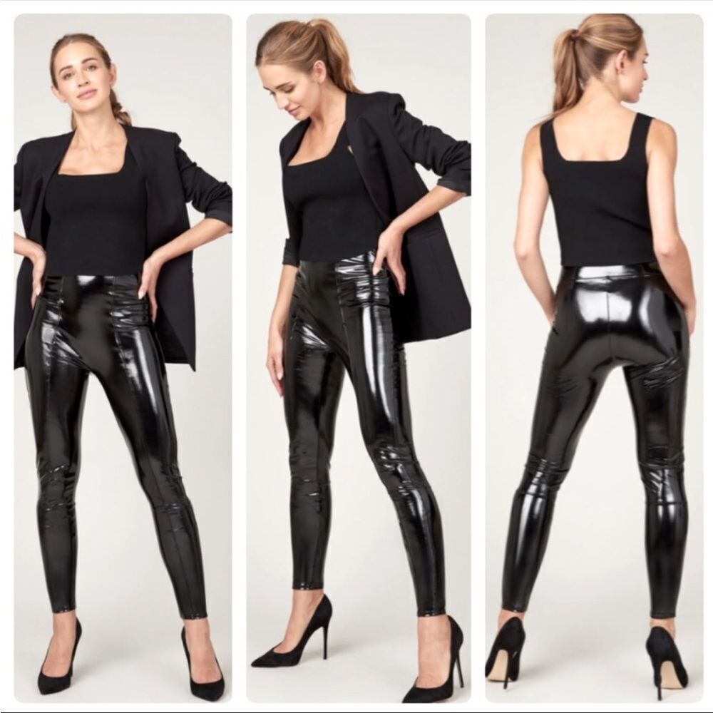 SPANX | Faux Patent Leather Body Shaping Black Leggings Women’s Size Medium & 1X - Picture 3 of 16